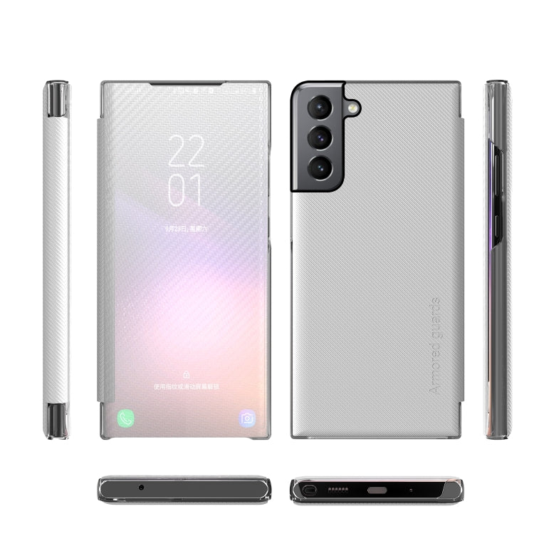 For Samsung Galaxy S21 5G Carbon Fiber Texture View Time Horizontal Flip Leather Case with Holder & Touch Call Display ID