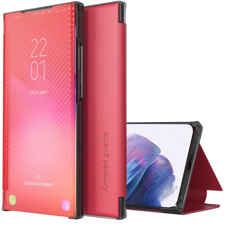 For Samsung Galaxy S21+ 5G Carbon Fiber Texture View Time Horizontal Flip Leather Case with Holder & Touch Call Display ID
