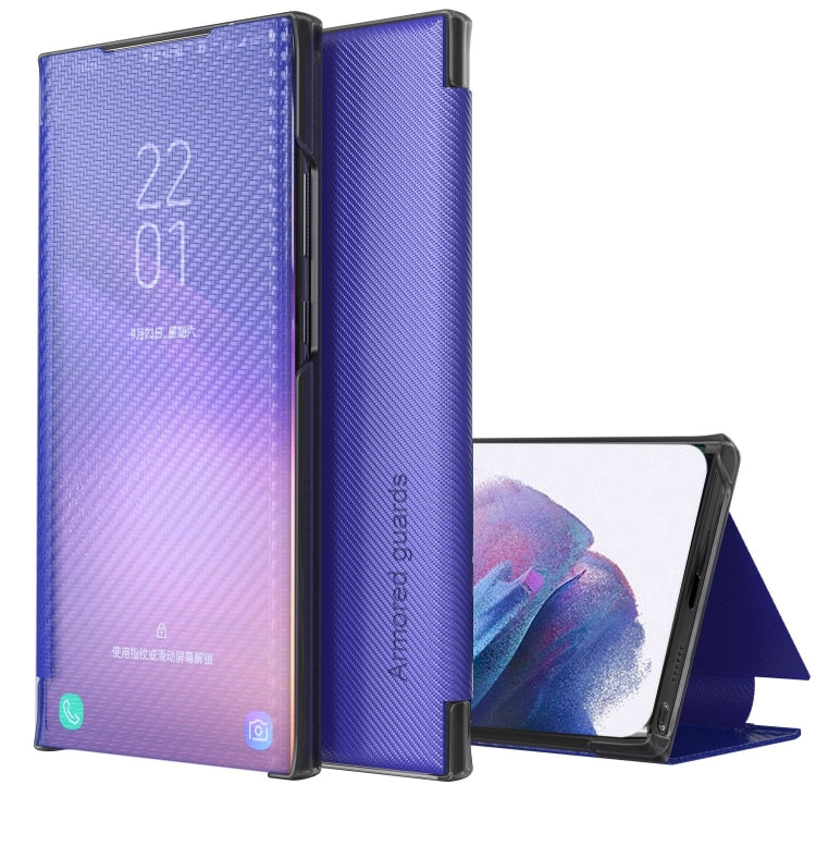 For Samsung Galaxy S21+ 5G Carbon Fiber Texture View Time Horizontal Flip Leather Case with Holder & Touch Call Display ID
