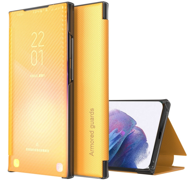 For Samsung Galaxy S21+ 5G Carbon Fiber Texture View Time Horizontal Flip Leather Case with Holder & Touch Call Display ID