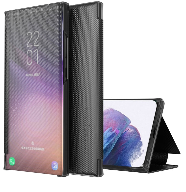 For Samsung Galaxy S21+ 5G Carbon Fiber Texture View Time Horizontal Flip Leather Case with Holder & Touch Call Display ID