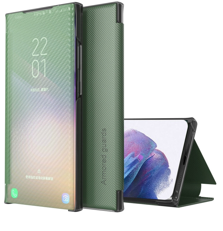For Samsung Galaxy S21+ 5G Carbon Fiber Texture View Time Horizontal Flip Leather Case with Holder & Touch Call Display ID