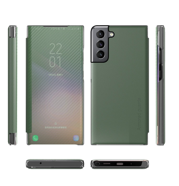 For Samsung Galaxy S21+ 5G Carbon Fiber Texture View Time Horizontal Flip Leather Case with Holder & Touch Call Display ID