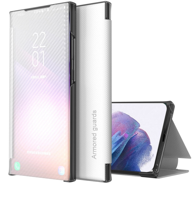 For Samsung Galaxy S21+ 5G Carbon Fiber Texture View Time Horizontal Flip Leather Case with Holder & Touch Call Display ID