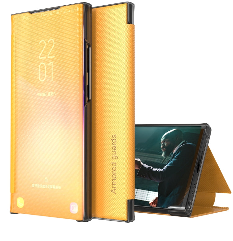 For Samsung Galaxy S21 FE Carbon Fiber Texture View Time Horizontal Flip Leather Case with Holder & Touch Call Display ID