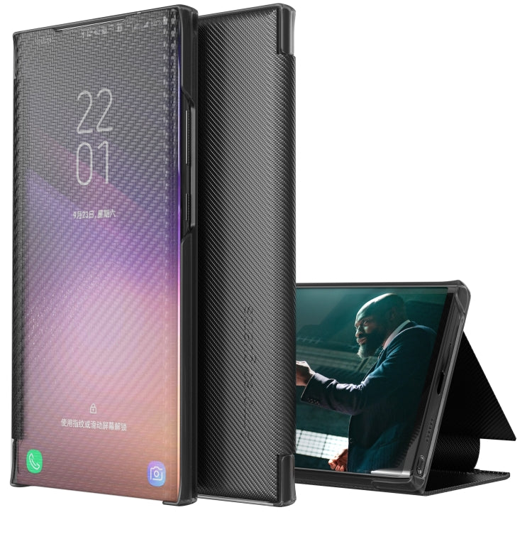 For Samsung Galaxy S21 FE Carbon Fiber Texture View Time Horizontal Flip Leather Case with Holder & Touch Call Display ID