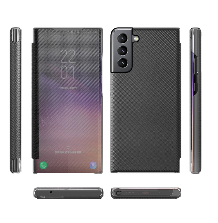 For Samsung Galaxy S21 FE Carbon Fiber Texture View Time Horizontal Flip Leather Case with Holder & Touch Call Display ID