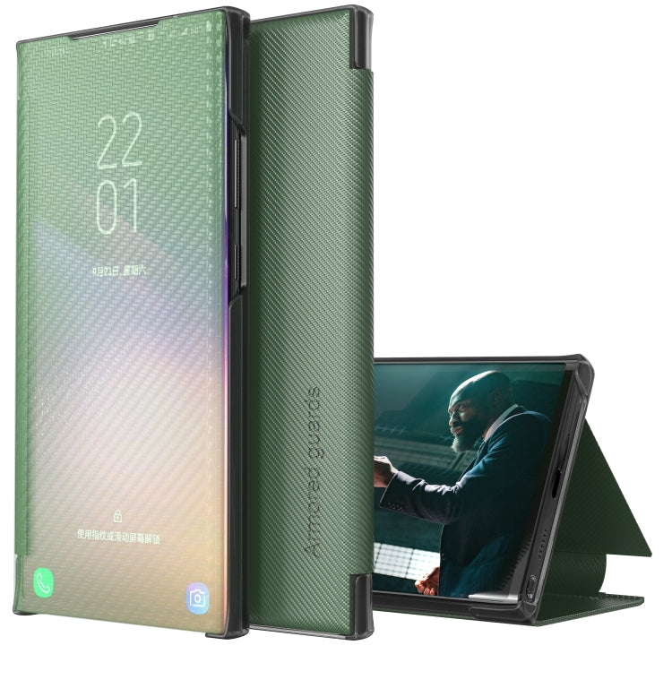 For Samsung Galaxy S21 FE Carbon Fiber Texture View Time Horizontal Flip Leather Case with Holder & Touch Call Display ID
