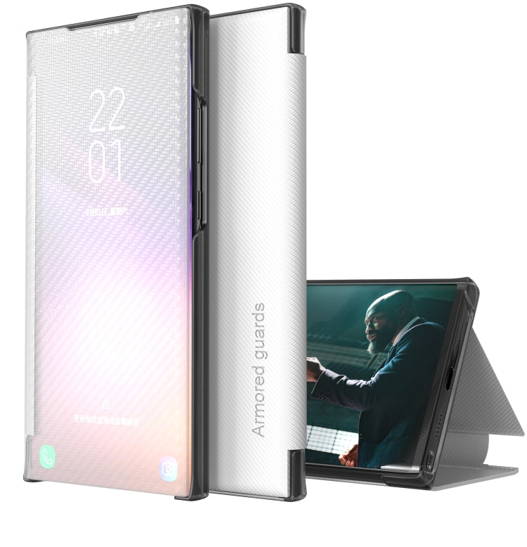 For Samsung Galaxy S21 FE Carbon Fiber Texture View Time Horizontal Flip Leather Case with Holder & Touch Call Display ID