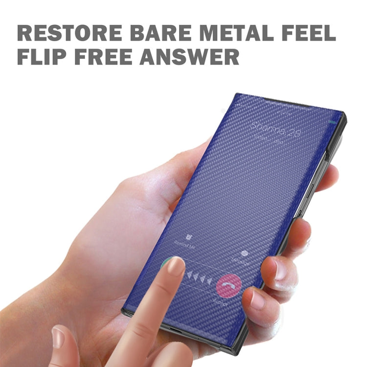 For Samsung Galaxy S21 FE Carbon Fiber Texture View Time Horizontal Flip Leather Case with Holder & Touch Call Display ID