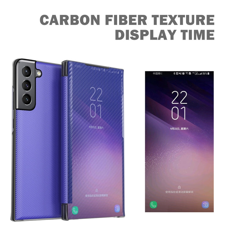 For Samsung Galaxy S21 FE Carbon Fiber Texture View Time Horizontal Flip Leather Case with Holder & Touch Call Display ID