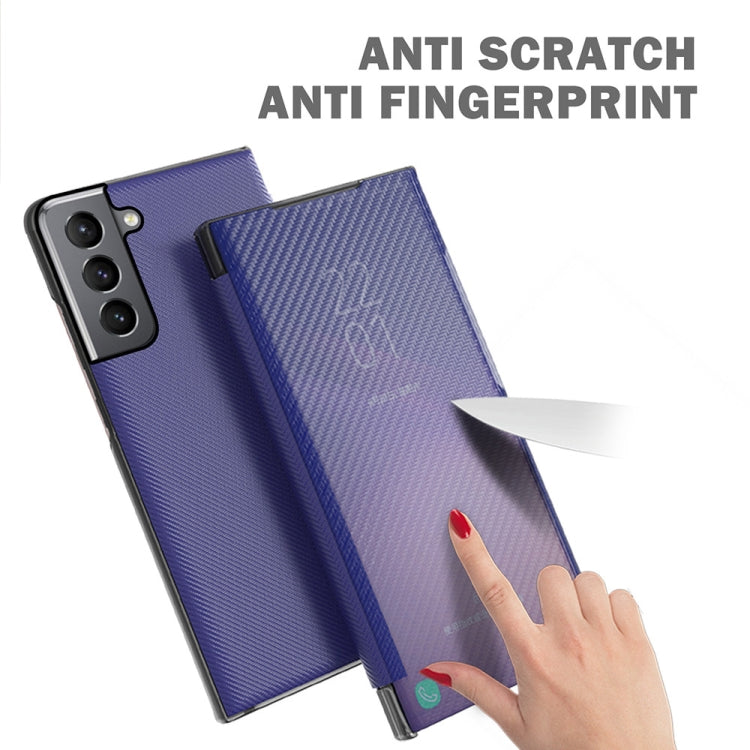 For Samsung Galaxy S21 FE Carbon Fiber Texture View Time Horizontal Flip Leather Case with Holder & Touch Call Display ID