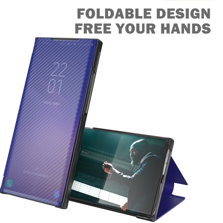 For Samsung Galaxy S21 FE Carbon Fiber Texture View Time Horizontal Flip Leather Case with Holder & Touch Call Display ID