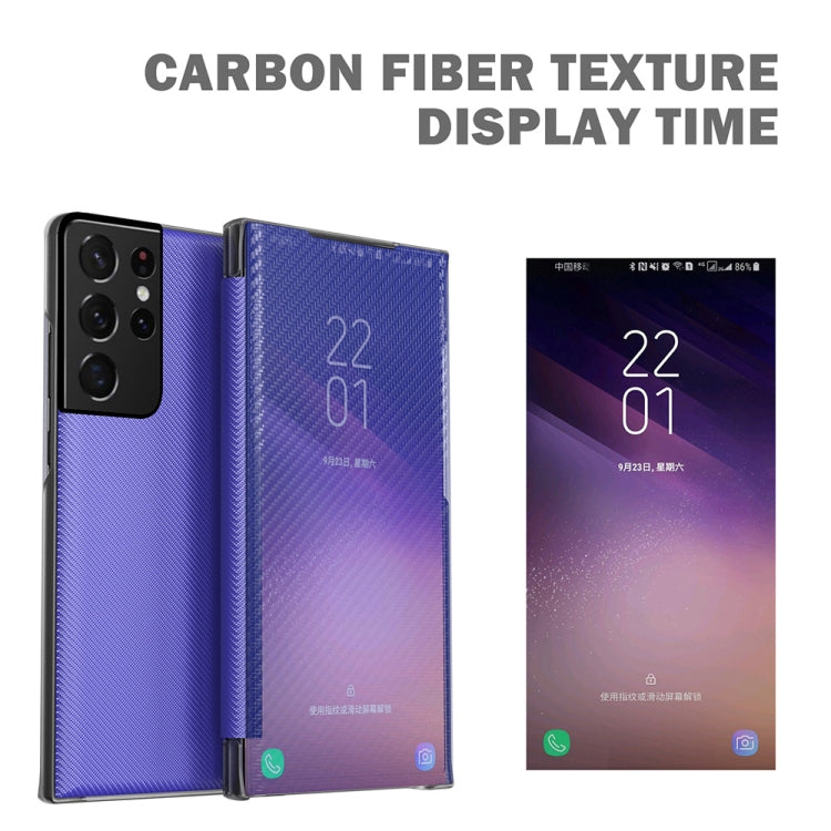 For Samsung Galaxy S21 Ultra 5G Carbon Fiber Texture View Time Horizontal Flip Leather Case with Holder & Touch Call Display ID