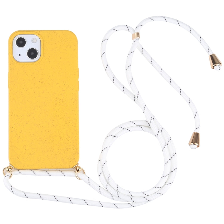 For iPhone 13 mini Wheat Straw Material + TPU Shockproof Case with Neck Lanyard
