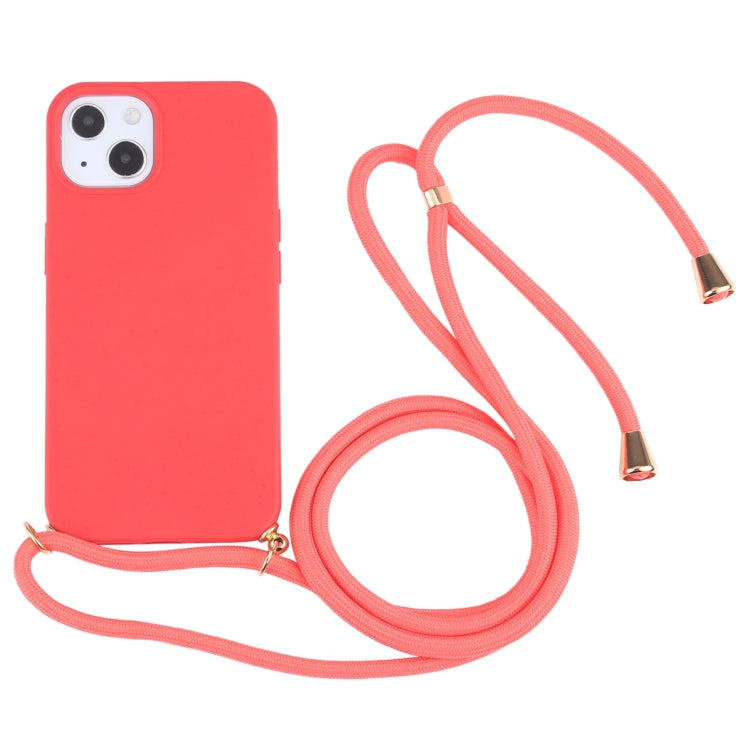 For iPhone 13 mini Wheat Straw Material + TPU Shockproof Case with Neck Lanyard