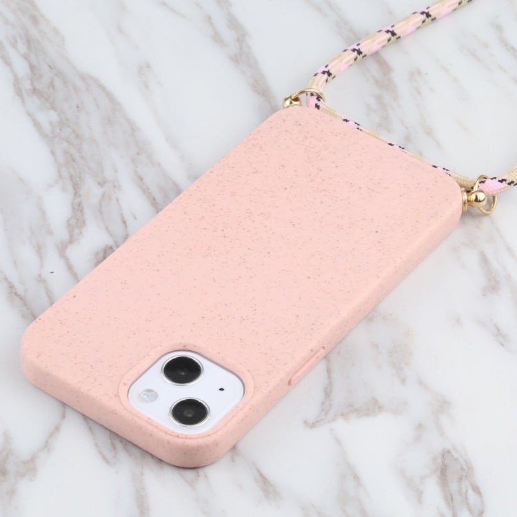 For iPhone 13 Wheat Straw Material + TPU Shockproof Case with Neck Lanyard