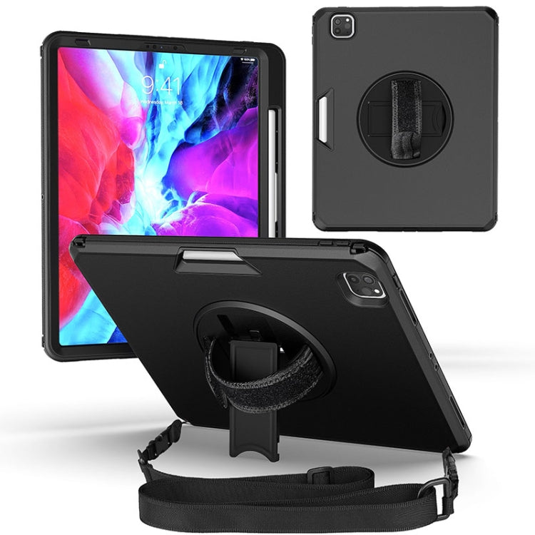 For iPad Pro 12.9 2021 / 2020 / 2018 360 Degree Rotation Turntable Robot Shockproof TPU + PC Protective Tablet Case with Holder & Hand Grip Strap & Shoulder Strap