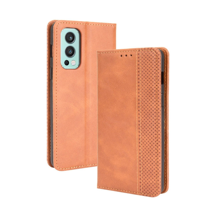 For OnePlus Nord 2 5G Magnetic Buckle Retro Crazy Horse Texture Horizontal Flip Leather Case with Holder & Card Slots & Photo Frame