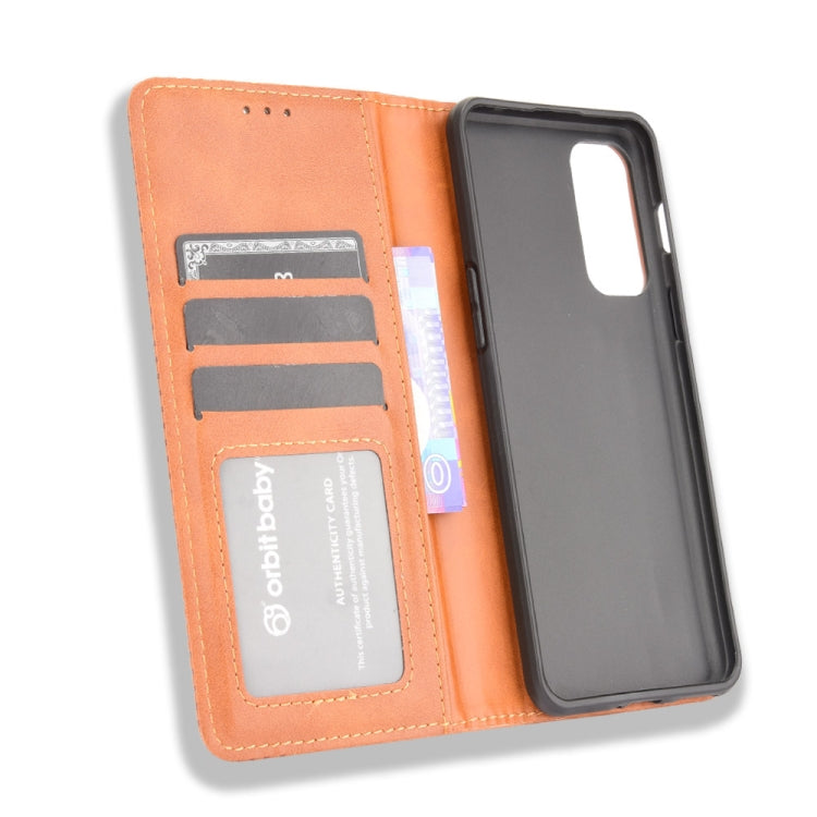 For OnePlus Nord 2 5G Magnetic Buckle Retro Crazy Horse Texture Horizontal Flip Leather Case with Holder & Card Slots & Photo Frame