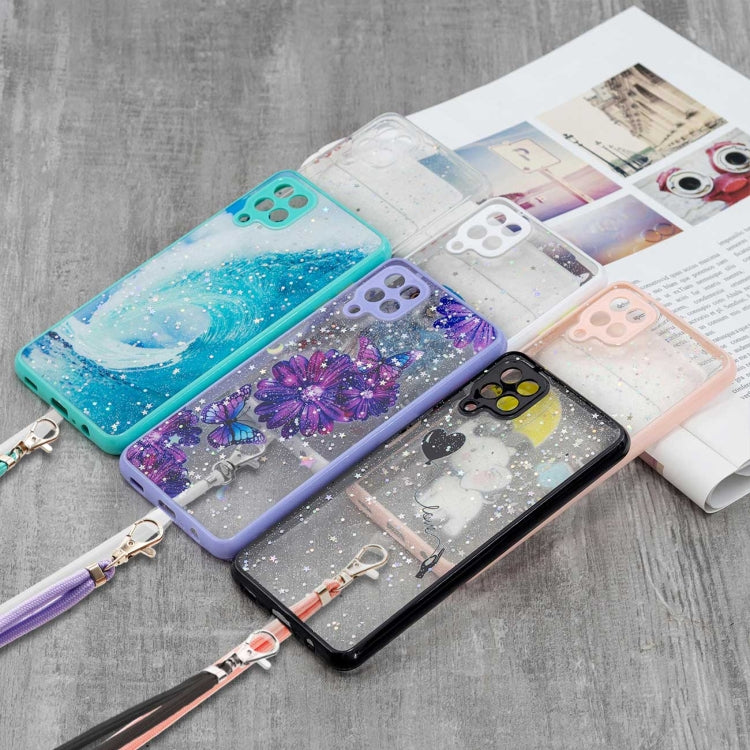 For Samsung Galaxy A12 / M12 Colored Drawing Starry Sky Epoxy TPU Shockproof Case with Neck Lanyard