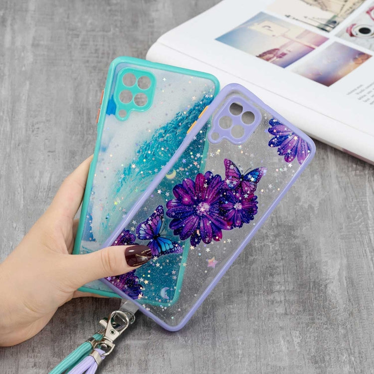 For Samsung Galaxy A12 / M12 Colored Drawing Starry Sky Epoxy TPU Shockproof Case with Neck Lanyard