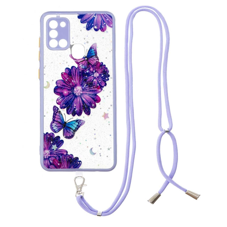For Samsung Galaxy A21s Colored Drawing Starry Sky Epoxy TPU Shockproof Case with Neck Lanyard