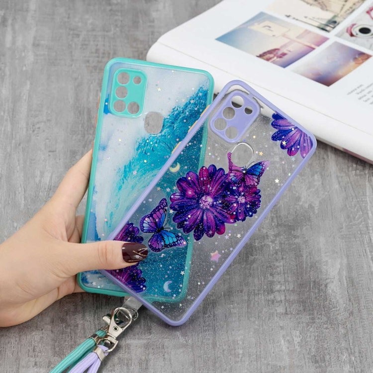 For Samsung Galaxy A21s Colored Drawing Starry Sky Epoxy TPU Shockproof Case with Neck Lanyard