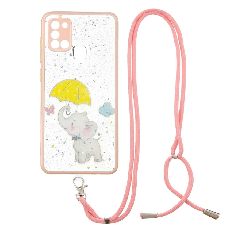 For Samsung Galaxy A21s Colored Drawing Starry Sky Epoxy TPU Shockproof Case with Neck Lanyard
