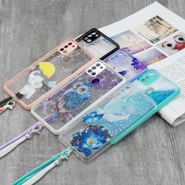 For Samsung Galaxy A21s Colored Drawing Starry Sky Epoxy TPU Shockproof Case with Neck Lanyard