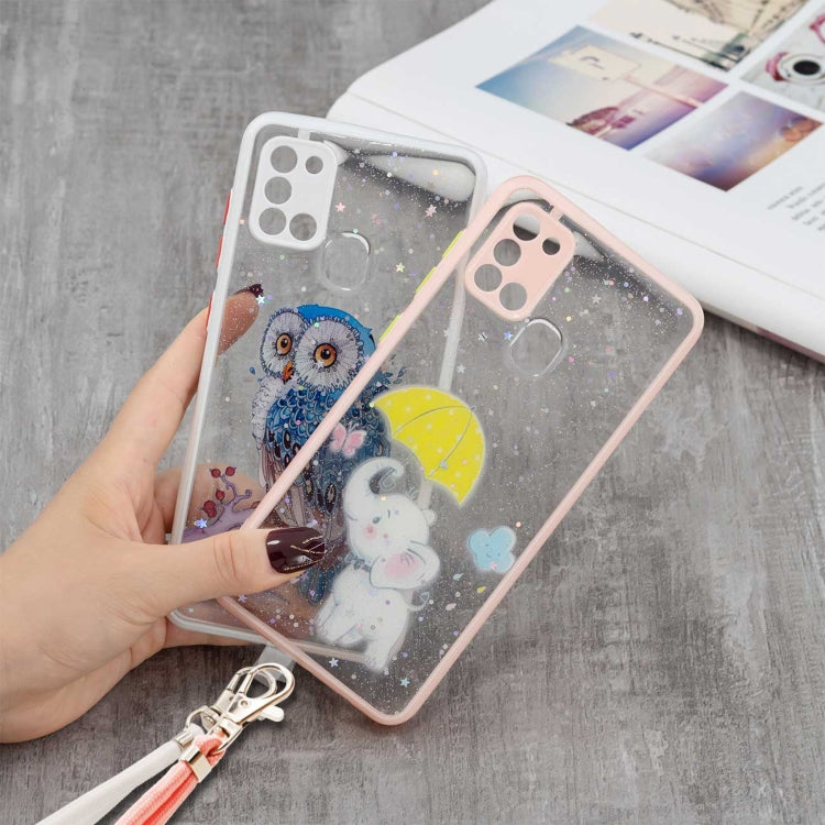 For Samsung Galaxy A21s Colored Drawing Starry Sky Epoxy TPU Shockproof Case with Neck Lanyard