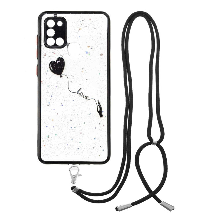 For Samsung Galaxy A21s Colored Drawing Starry Sky Epoxy TPU Shockproof Case with Neck Lanyard