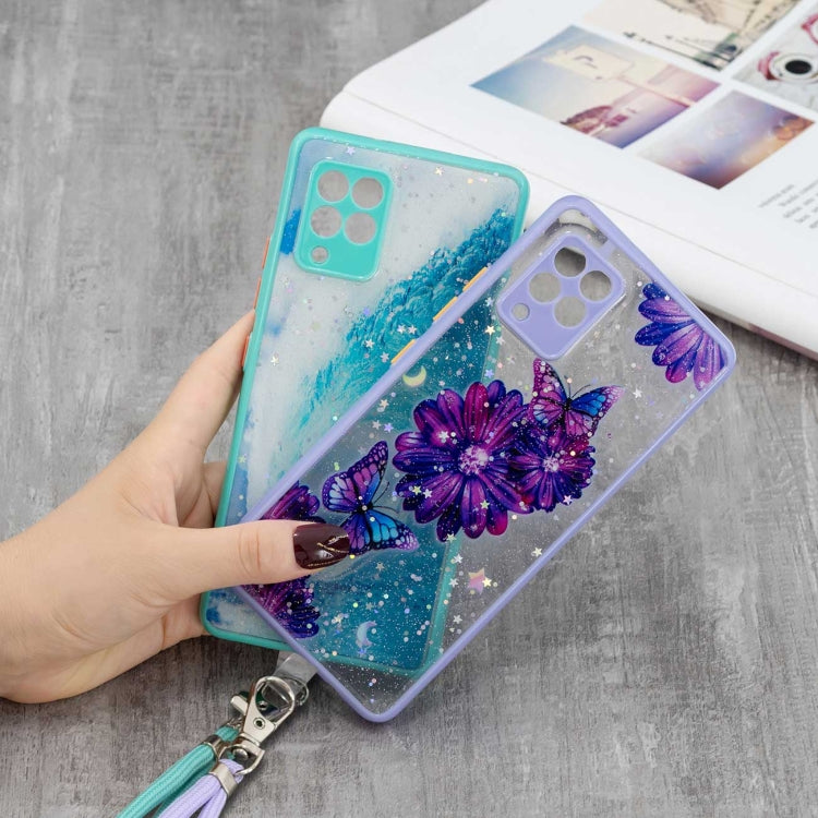 For Samsung Galaxy A42 5G Colored Drawing Starry Sky Epoxy TPU Shockproof Case with Neck Lanyard