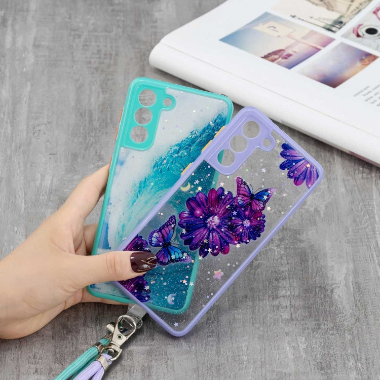 For Samsung Galaxy S21+ 5G Colored Drawing Starry Sky Epoxy TPU Shockproof Case with Neck Lanyard