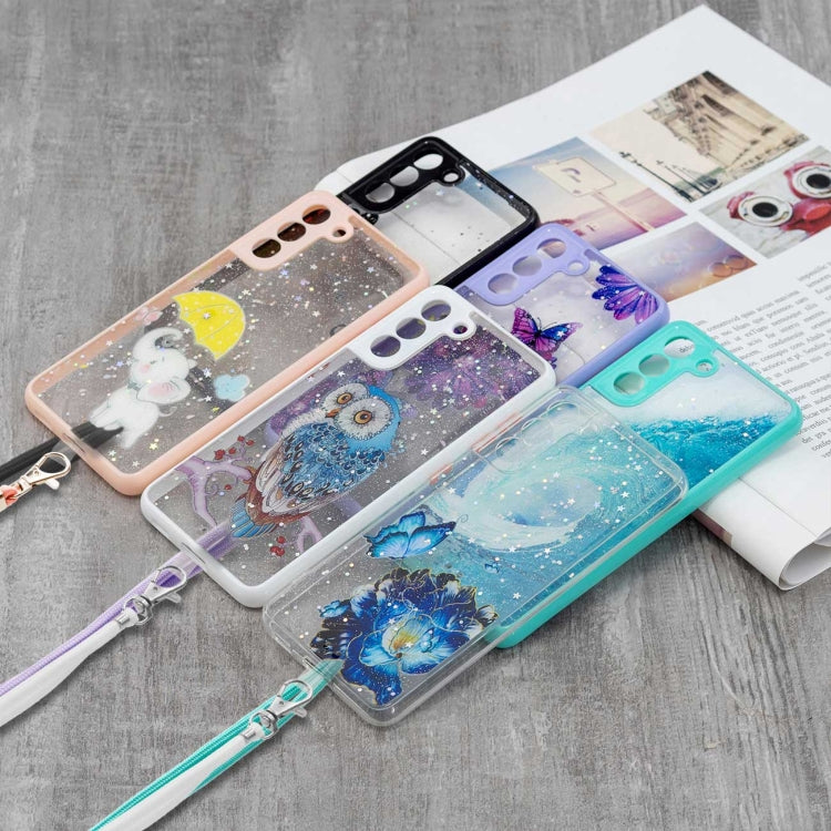 For Samsung Galaxy S21+ 5G Colored Drawing Starry Sky Epoxy TPU Shockproof Case with Neck Lanyard