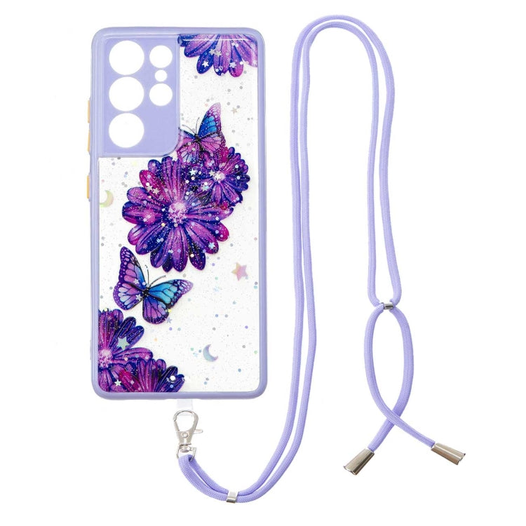 For Samsung Galaxy S21 Ultra 5G Colored Drawing Starry Sky Epoxy TPU Shockproof Case with Neck Lanyard