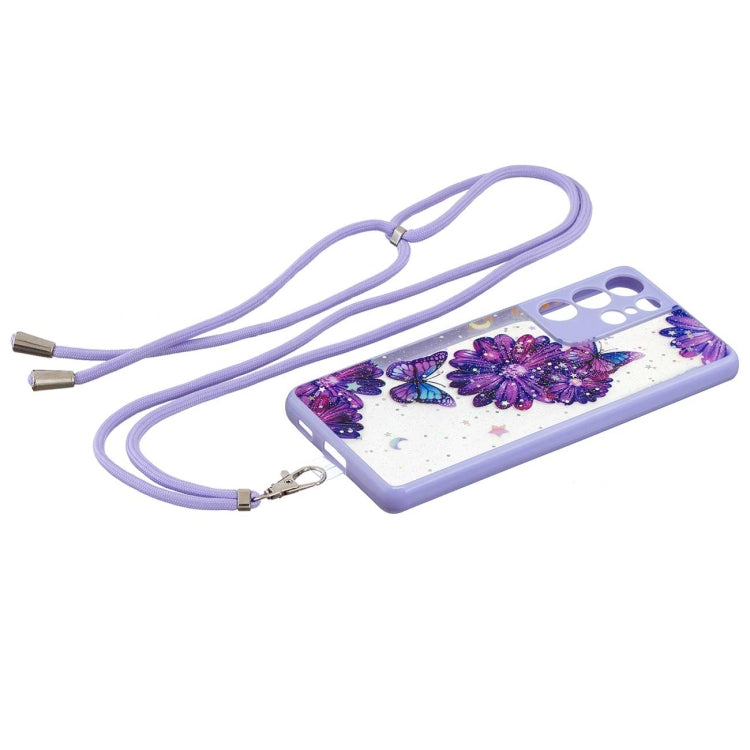For Samsung Galaxy S21 Ultra 5G Colored Drawing Starry Sky Epoxy TPU Shockproof Case with Neck Lanyard