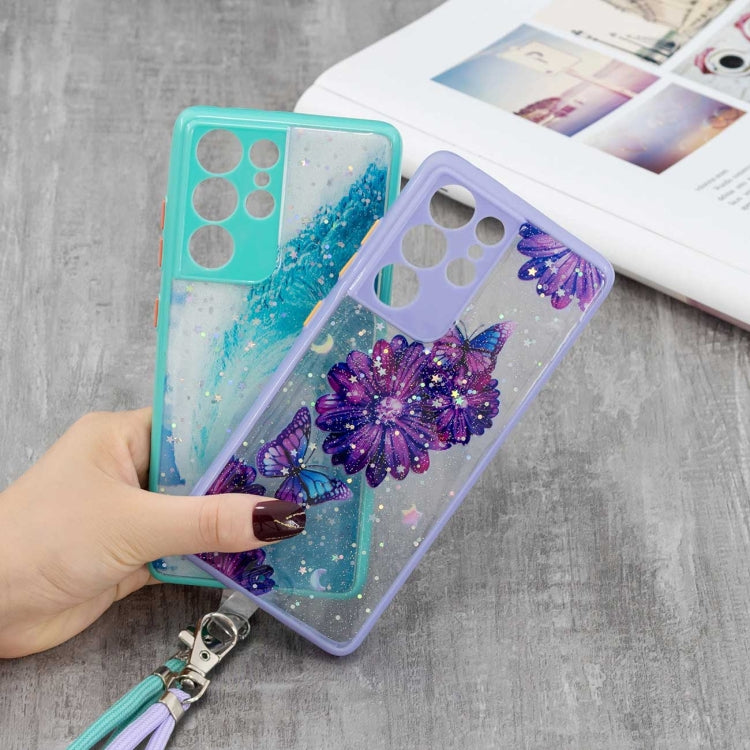For Samsung Galaxy S21 Ultra 5G Colored Drawing Starry Sky Epoxy TPU Shockproof Case with Neck Lanyard