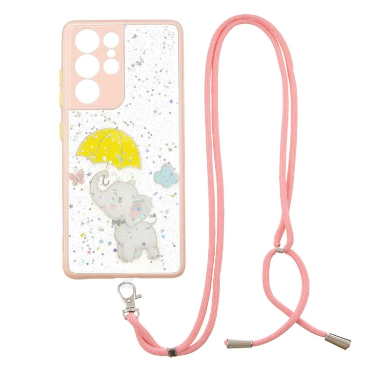 For Samsung Galaxy S21 Ultra 5G Colored Drawing Starry Sky Epoxy TPU Shockproof Case with Neck Lanyard