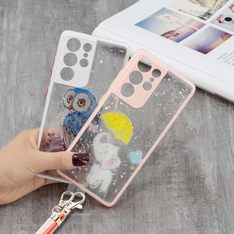 For Samsung Galaxy S21 Ultra 5G Colored Drawing Starry Sky Epoxy TPU Shockproof Case with Neck Lanyard
