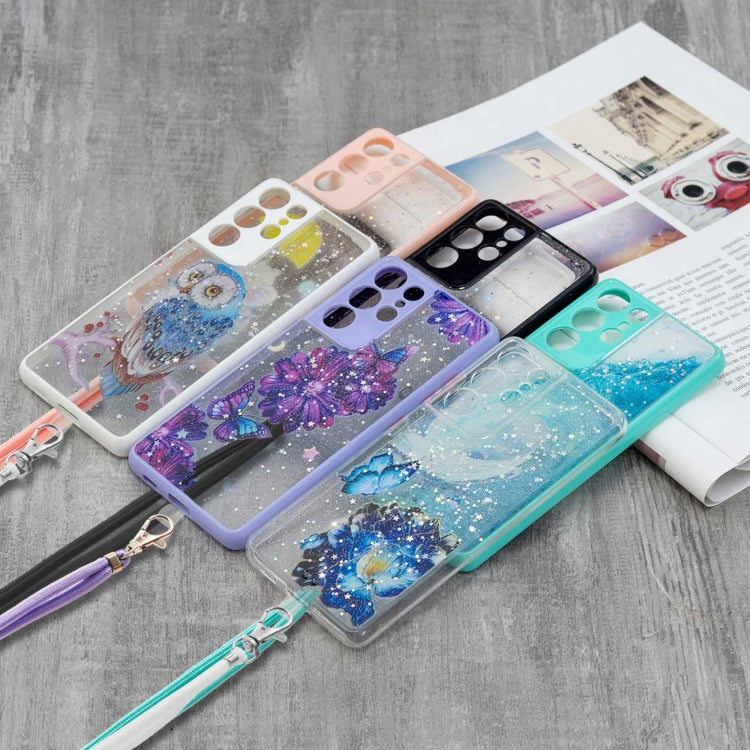 For Samsung Galaxy S21 Ultra 5G Colored Drawing Starry Sky Epoxy TPU Shockproof Case with Neck Lanyard