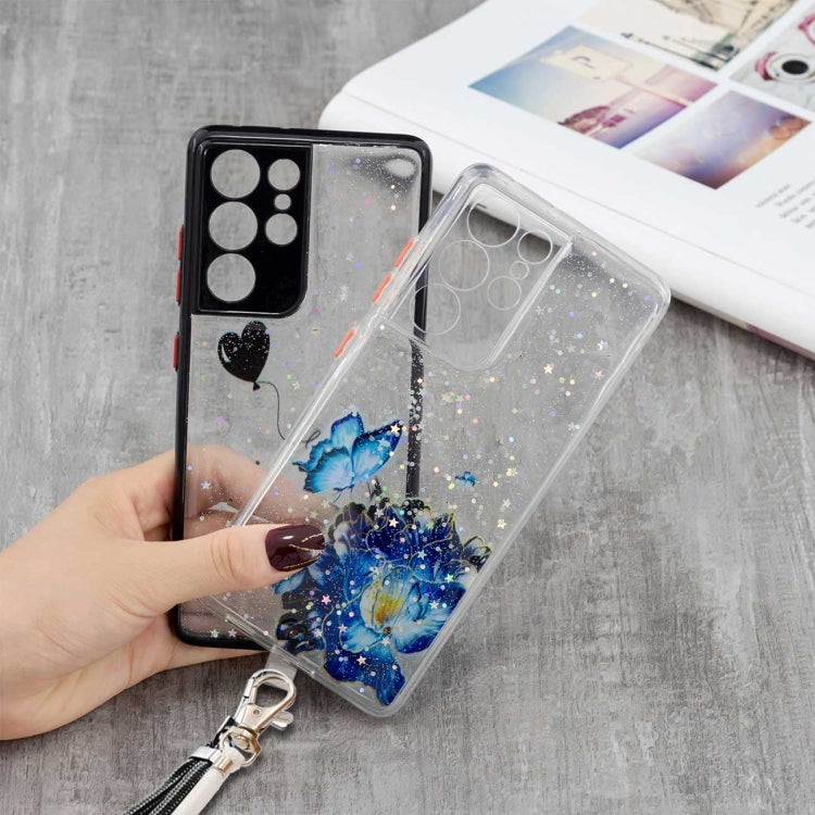 For Samsung Galaxy S21 Ultra 5G Colored Drawing Starry Sky Epoxy TPU Shockproof Case with Neck Lanyard