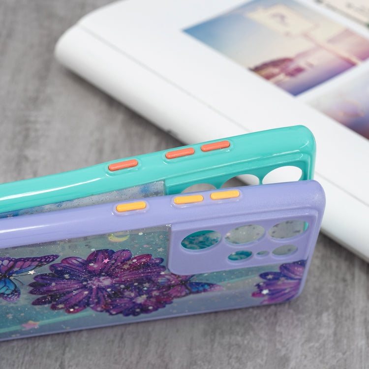 For Samsung Galaxy S21 Ultra 5G Colored Drawing Starry Sky Epoxy TPU Shockproof Case with Neck Lanyard
