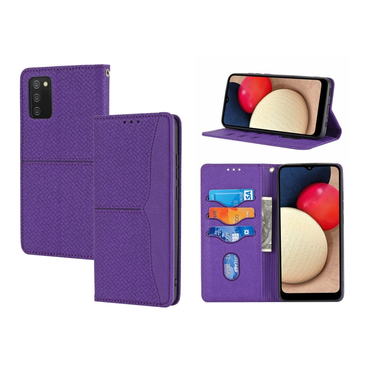 For Samsung Galaxy A02s 164mm Woven Texture Stitching Magnetic Horizontal Flip PU Leather Case with Holder & Card Slots & Wallet & Lanyard