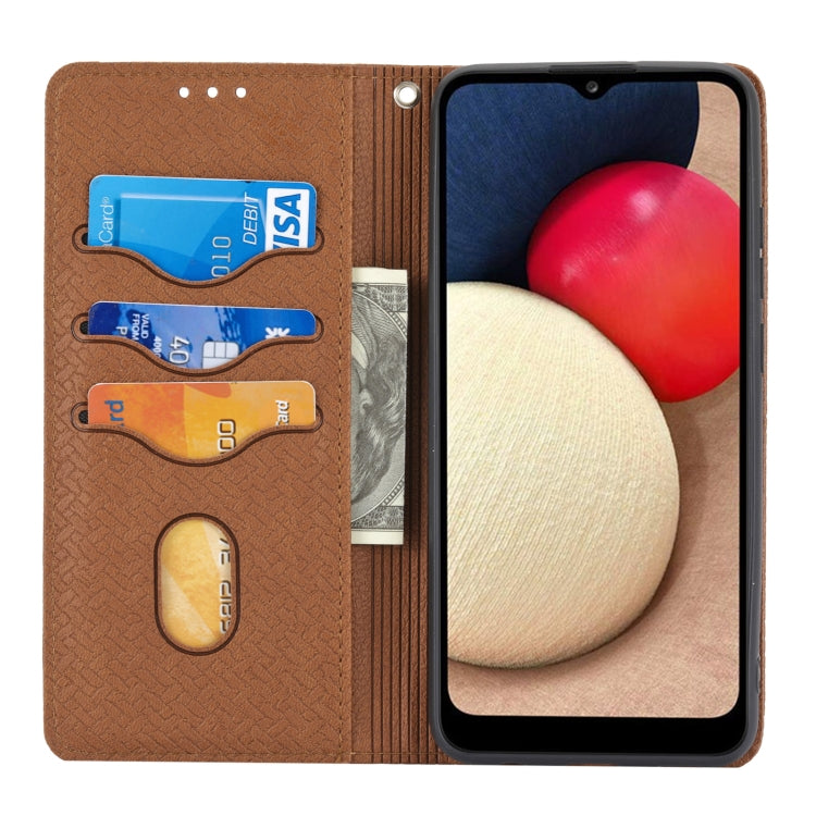 For Samsung Galaxy A02s 166mm Woven Texture Stitching Magnetic Horizontal Flip PU Leather Case with Holder & Card Slots & Wallet & Lanyard