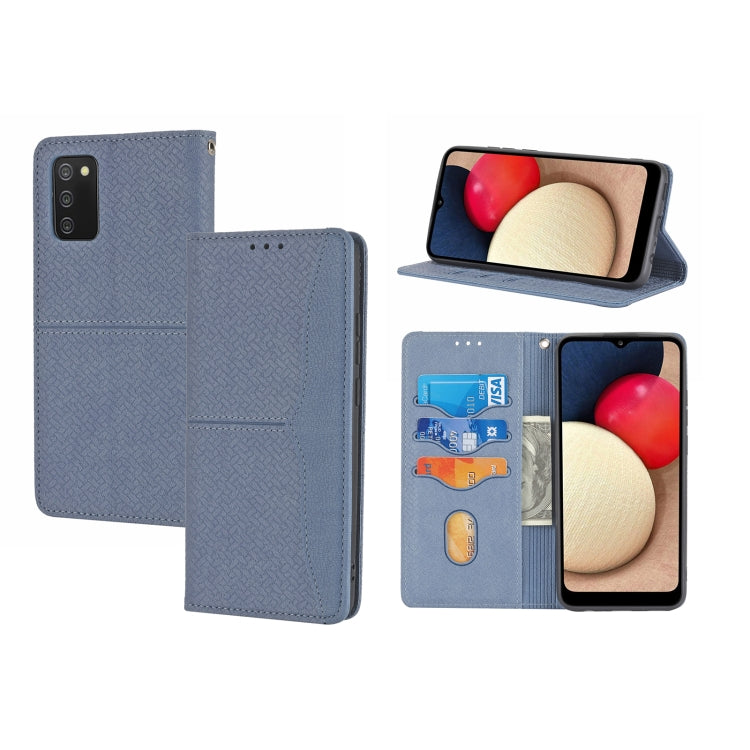 For Samsung Galaxy A02s 166mm Woven Texture Stitching Magnetic Horizontal Flip PU Leather Case with Holder & Card Slots & Wallet & Lanyard