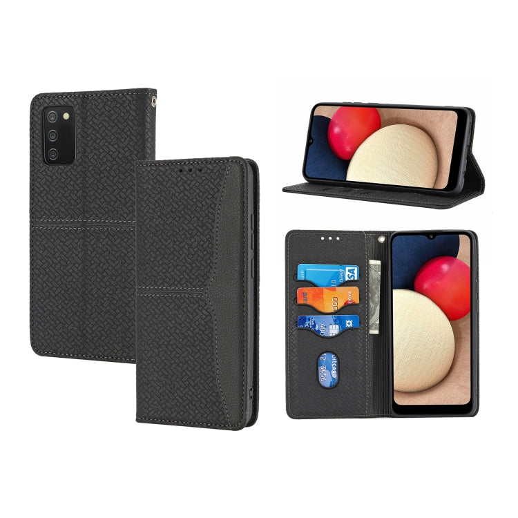 For Samsung Galaxy A02s 166mm Woven Texture Stitching Magnetic Horizontal Flip PU Leather Case with Holder & Card Slots & Wallet & Lanyard