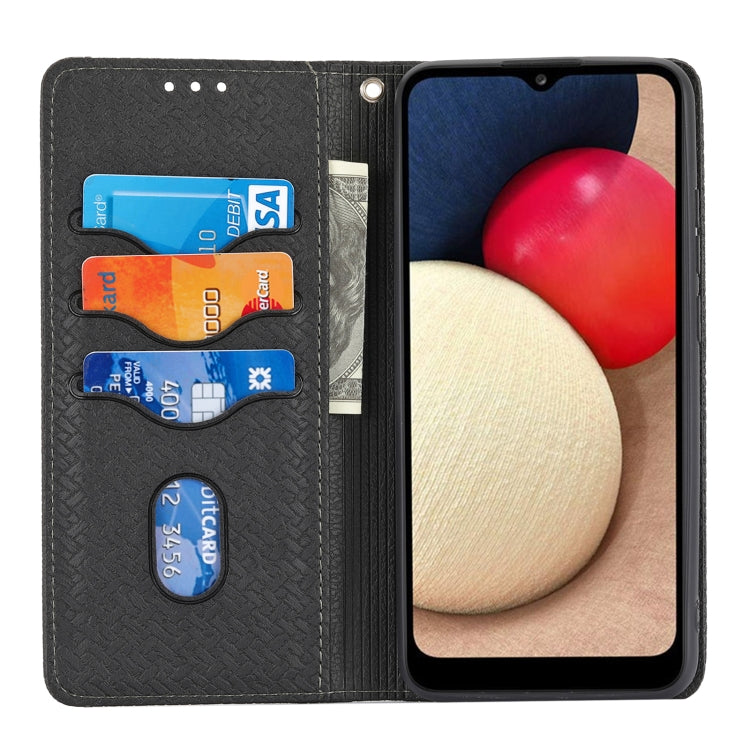 For Samsung Galaxy A02s 166mm Woven Texture Stitching Magnetic Horizontal Flip PU Leather Case with Holder & Card Slots & Wallet & Lanyard