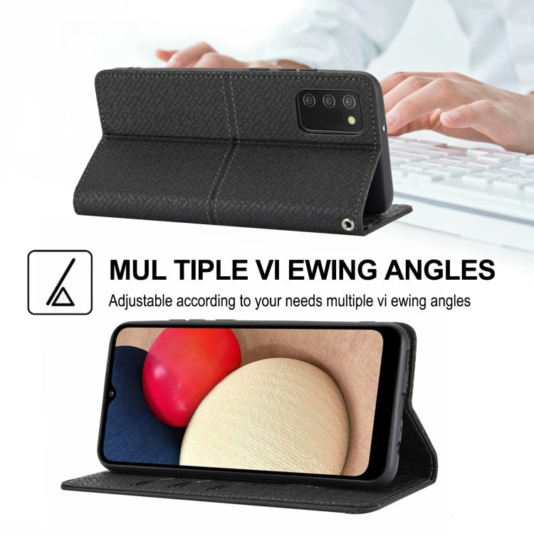 For Samsung Galaxy A02s 166mm Woven Texture Stitching Magnetic Horizontal Flip PU Leather Case with Holder & Card Slots & Wallet & Lanyard