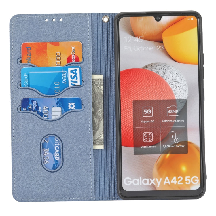 For Samsung Galaxy A22 4G Woven Texture Stitching Magnetic Horizontal Flip PU Leather Case with Holder & Card Slots & Wallet & Lanyard